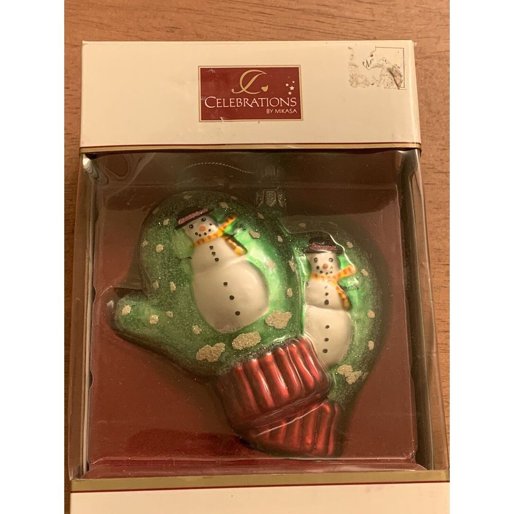 Celebrations By MIKASA Whimsical‎ Christmas Green Mittens Snowman Glass Ornament